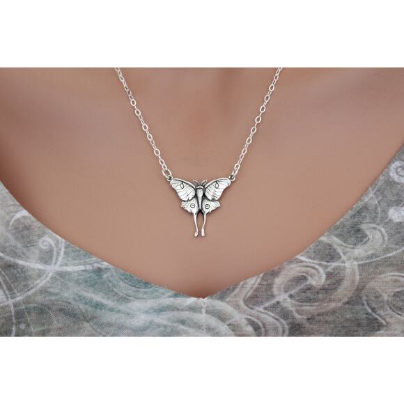 Sterling Silver Luna Moth Pendant Necklace, Silver Luna Moth Pendant Necklace - Picture 5 of 5
